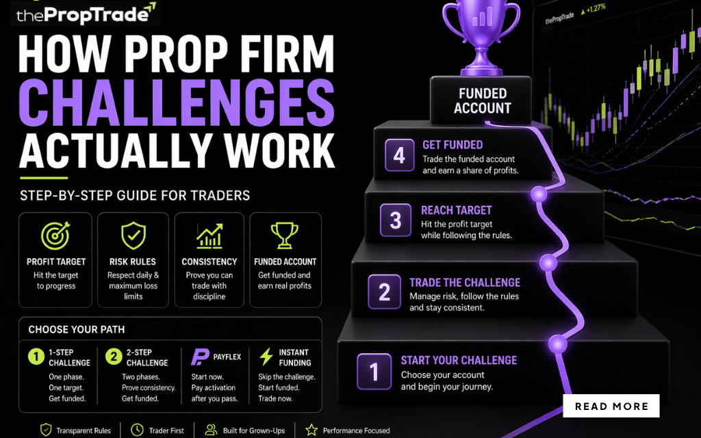 Step-by-step diagram showing how prop firm challenges work, including profit targets, risk rules, drawdown limits, and progression to a funded trading account.