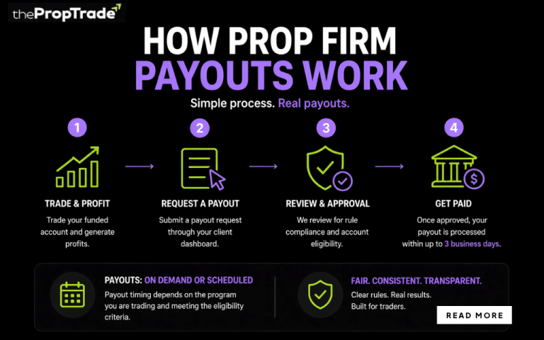 how prop firm payouts work, including profit generation, payout request, eligibility checks, approval process, and withdrawal timeline.