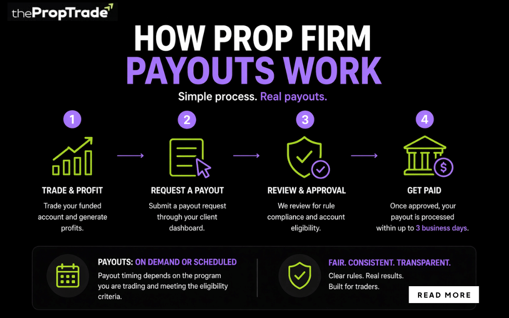 how prop firm payouts work, including profit generation, payout request, eligibility checks, approval process, and withdrawal timeline.